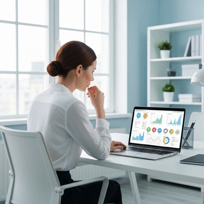 Woman reviewing digital marketing analytics on a laptop, showing graphs and data, in a bright, modern office