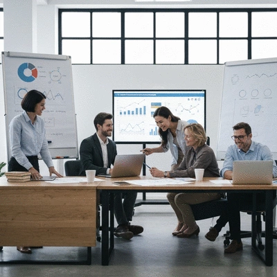 Équipe collaborant sur une stratégie digitale avec des graphiques