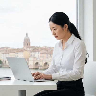 Person working on a laptop with Avignon city skyline in the background, representing local expertise