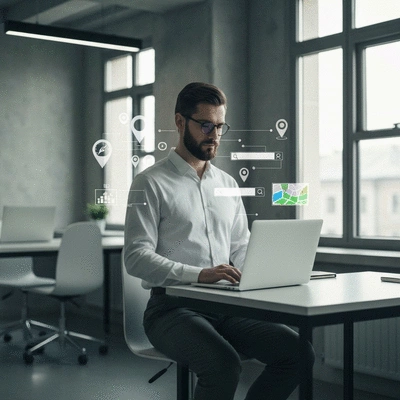 Personne travaillant sur un ordinateur portable avec des icônes de localisation et de SEO