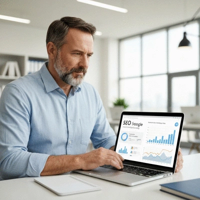 Personne travaillant sur un ordinateur portable affichant des graphiques SEO, illustrant l'impact des pénalités Google