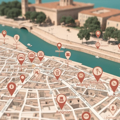 Carte géographique stylisée d'Avignon avec des épingles de localisation et des icônes de services artisanaux