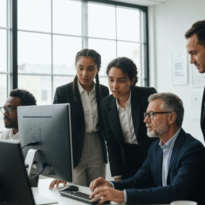 Modern office setting with people collaborating around a computer, illustrating digital agency work