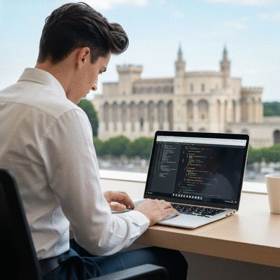 Person working on a laptop with web development code on screen, Avignon city landmarks in the background, no text, no words, no typography, clean image