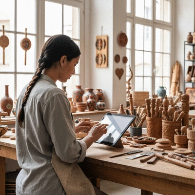 Artisan using a digital tablet in a workshop in Avignon, surrounded by local craft products, representing local expertise, no text, no words, no typography, 8K