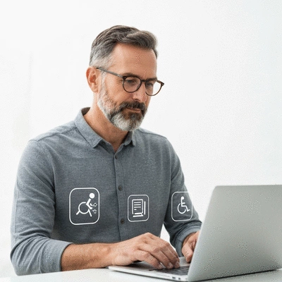 Personne utilisant un ordinateur portable avec des icônes d'accessibilité superposées