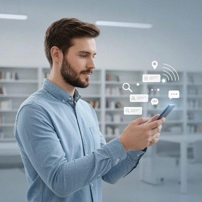 Personne utilisant la recherche vocale sur un smartphone avec des icônes de SEO local flottantes