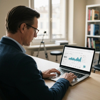Person using a laptop with SEO analytics on screen, representing digital marketing in Avignon