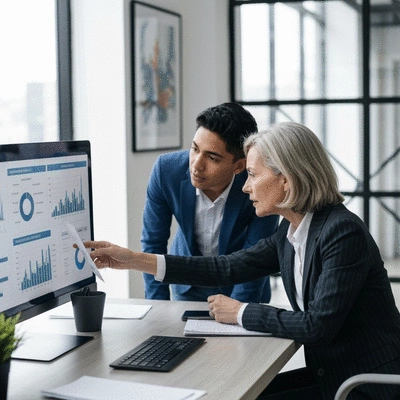 Diverse business people collaborating on SEO strategy, looking at charts and graphs on a screen, professional, clean image, no text, no words