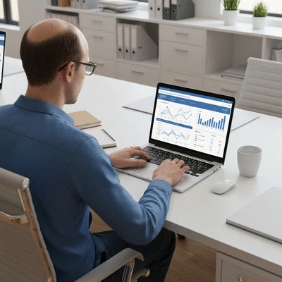 Personne utilisant un ordinateur portable avec des graphiques SEO affichés, symbolisant l'analyse de performance