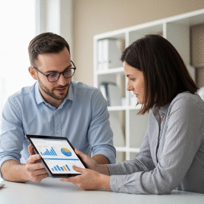 Webmaster local montrant les statistiques de site web à un client sur une tablette dans un bureau moderne à Avignon