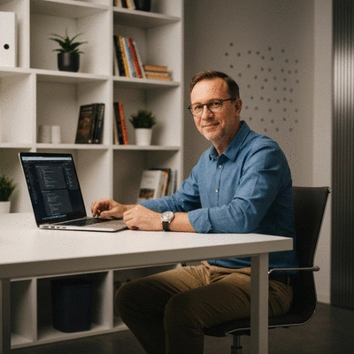 Webmaster local travaillant sur un ordinateur portable à Avignon, illustrant la proximité et la connaissance du marché local