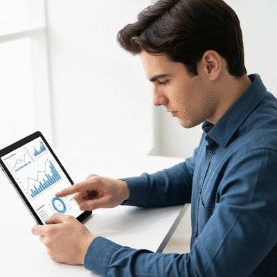 Personne utilisant une tablette avec des graphiques de croissance