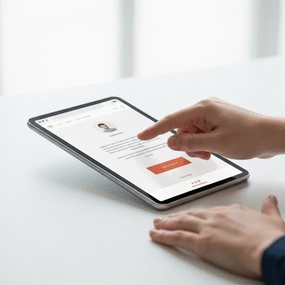 Close-up of a hand interacting with a tablet displaying a well-designed website with clear call-to-action buttons