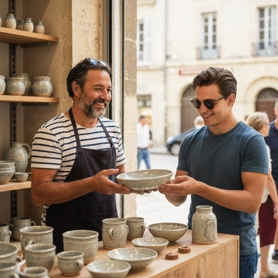 Local business owner interacting with a customer in Avignon