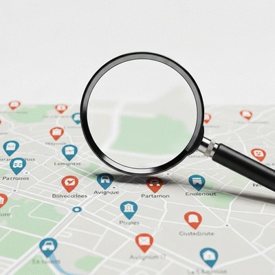 Magnifying glass over a map of Avignon, symbolizing local SEO analysis, clean image