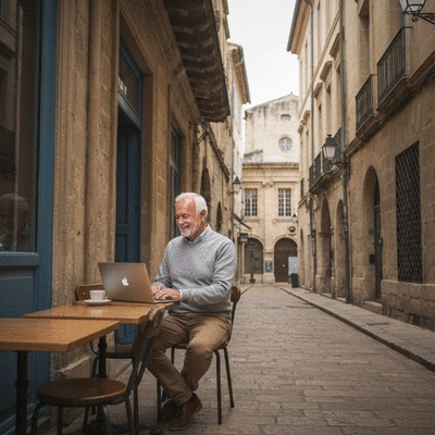 Un entrepreneur travaillant sur un ordinateur portable dans un café d'Avignon, avec une architecture historique en arrière-plan, symbolisant la connaissance locale.