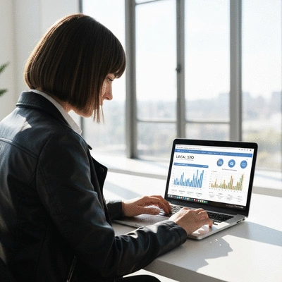 Personne travaillant sur un ordinateur portable avec des graphiques de référencement local en arrière-plan