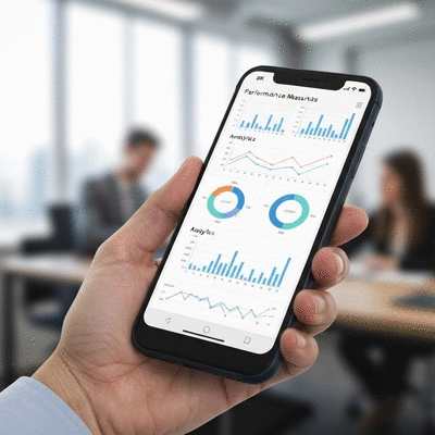 Hand holding a smartphone displaying analytics charts, with a blurred office background, representing performance measurement