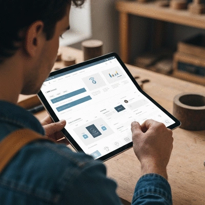 Artisan utilisant une tablette pour gérer son commerce, avec des outils numériques affichés à l'écran