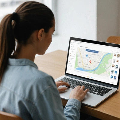 Person using a laptop to search for local businesses in Avignon, with a map showing the city on screen, no text, no words, no typography, clean image