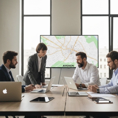 Modern office setting with a team collaborating on a digital marketing strategy, Avignon city map visible on a screen