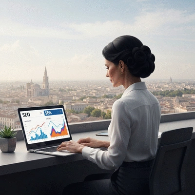 Personne travaillant sur un ordinateur portable affichant des graphiques SEO et SEA, avec un fond urbain abstrait d'Avignon, sans texte, sans mots, sans typographie.