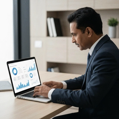 Digital marketing professional analyzing data on a laptop, showing charts and graphs