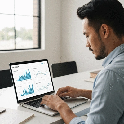 Personne utilisant un ordinateur portable avec des graphiques de référencement local affichés à l'écran