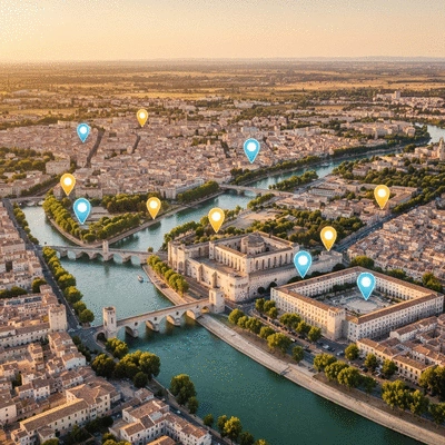 Vue aérienne d'Avignon avec des épingles de localisation lumineuses symbolisant le SEO local