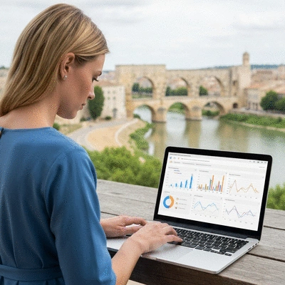 Person using a laptop with SEO performance graphs on screen, Avignon city in background