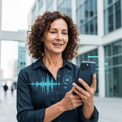 Person speaking into a smartphone for voice search, with AI elements