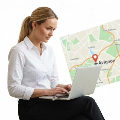 Webmaster working on a laptop with Avignon city map overlay