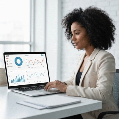 Person using a laptop to analyze SEO data with charts and graphs on screen, clean modern office background, no text, no words, no typography, clean image