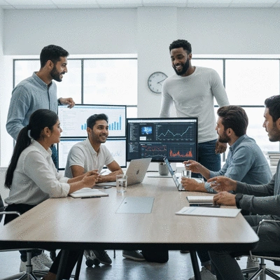 Team from a digital agency having a collaborative meeting around a table, discussing web strategies, clean image