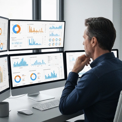 Person analyzing SEO data on multiple screens, representing Google algorithm updates and their impact, no text, no words, no typography, clean image