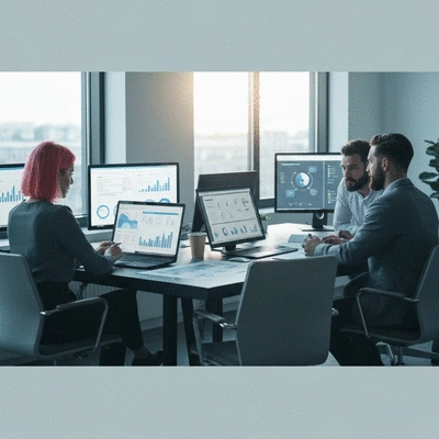 Professionals in a modern office collaborating on digital marketing strategies