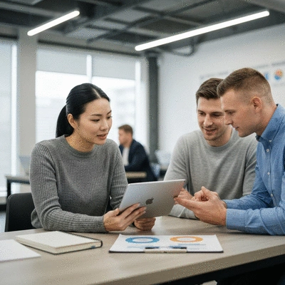 Small business owner consulting with a digital marketing expert, discussing strategies on a tablet