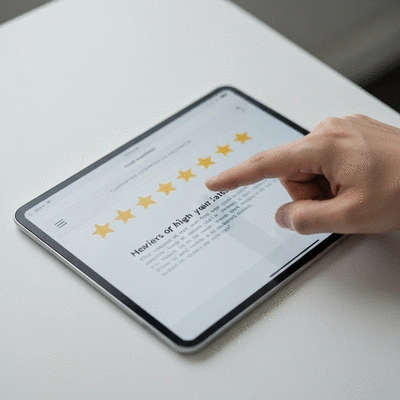 Close-up of a hand pointing to a positive customer review on a tablet screen, showing star ratings and text.