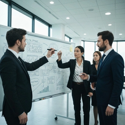 Équipe collaborant sur un tableau blanc numérique, stratégie digitale