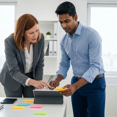 Two people collaborating on a social media strategy using a tablet and notes, in a modern office