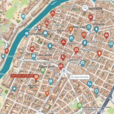 Detailed map of Avignon with pinpoints for local businesses, overlaid with digital search elements, no text, no words, no typography, 8K