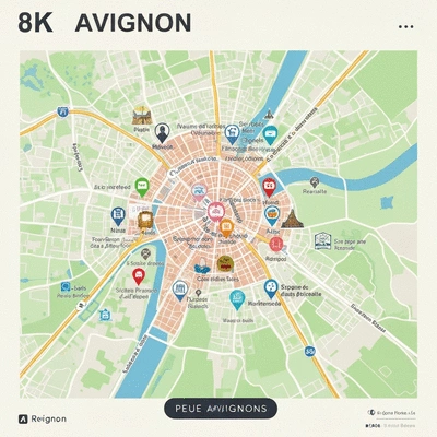 Map of Avignon highlighting local businesses for SEO, clean design, no text, no words, no typography, clean image