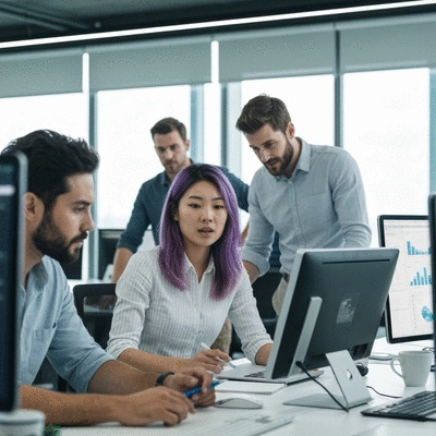 Team of digital marketing experts collaborating on a project in a modern office