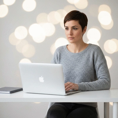 Person using a laptop to manage an e-commerce website, showing charts and analytics on the screen, in a modern office environment