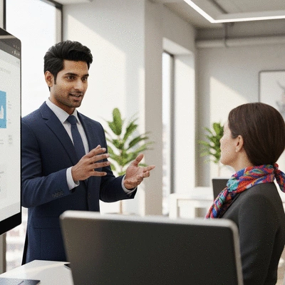 Digital marketing expert discussing website strategy with a client in a modern office, showing collaboration and personalized service, no text, no words, no typography, clean image