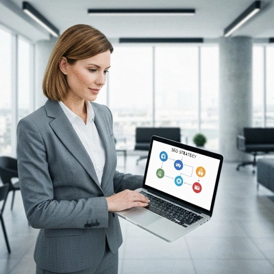 Une femme d'affaires utilisant un ordinateur portable avec des icônes de stratégie SEO affichées à l'écran, dans un environnement de bureau moderne, symbolisant l'optimisation en ligne.
